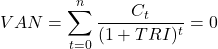 \[ VAN = \sum_{t=0}^{n} \frac{C_t}{(1 + TRI)^t} = 0 \]